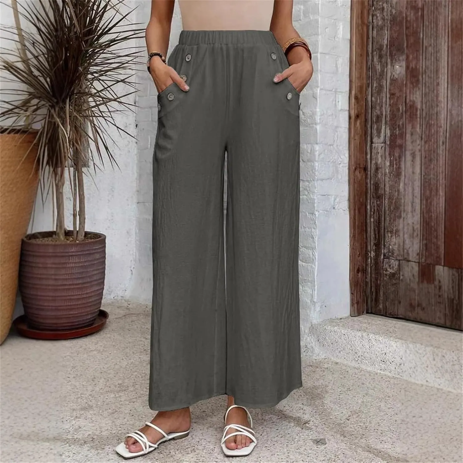 Linen Pants for Women 2025 Casual High Waist Wide Leg Palazzo Pants Summer Button Down Trousers with Pockets