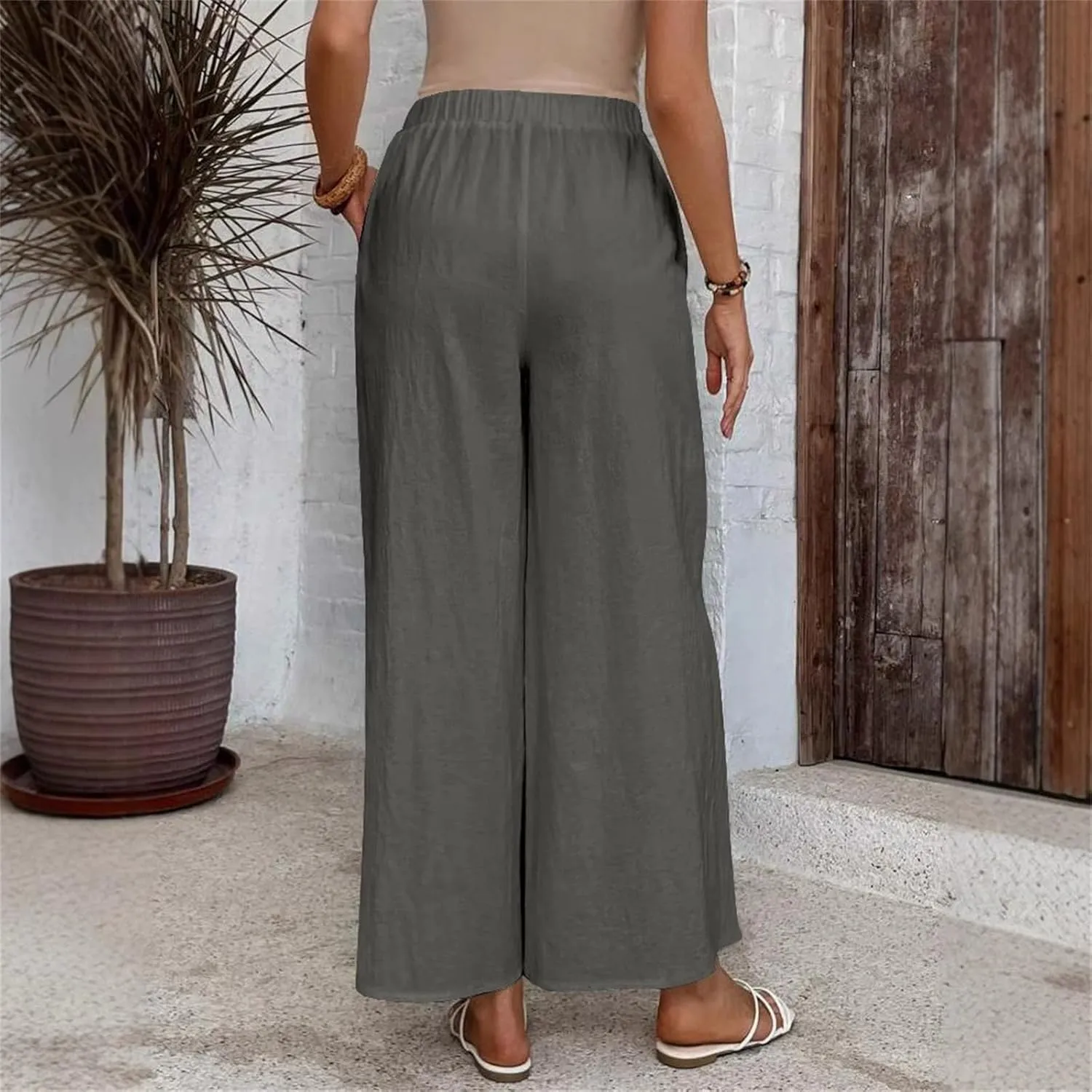 Linen Pants for Women 2025 Casual High Waist Wide Leg Palazzo Pants Summer Button Down Trousers with Pockets