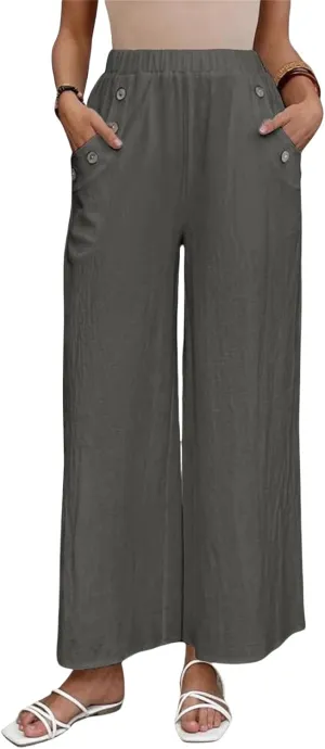 Linen Pants for Women 2025 Casual High Waist Wide Leg Palazzo Pants Summer Button Down Trousers with Pockets