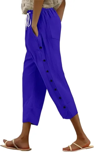 Linen Pants for Women 2025 Summer High Waist Elastic Straight Leg Lounge Pant Casual Loose Buttons Beach Trousers