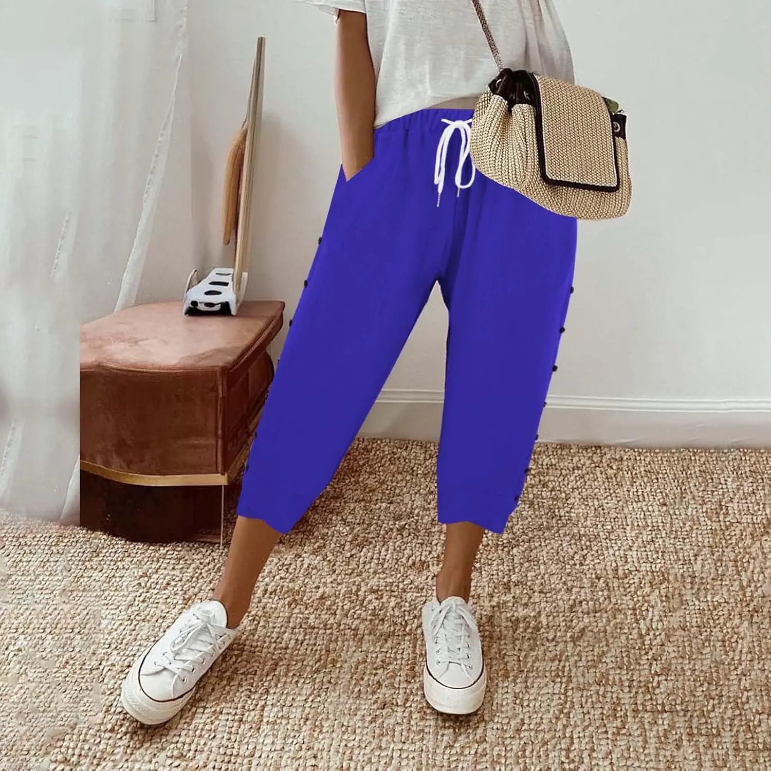 Linen Pants for Women 2025 Summer High Waist Elastic Straight Leg Lounge Pant Casual Loose Buttons Beach Trousers