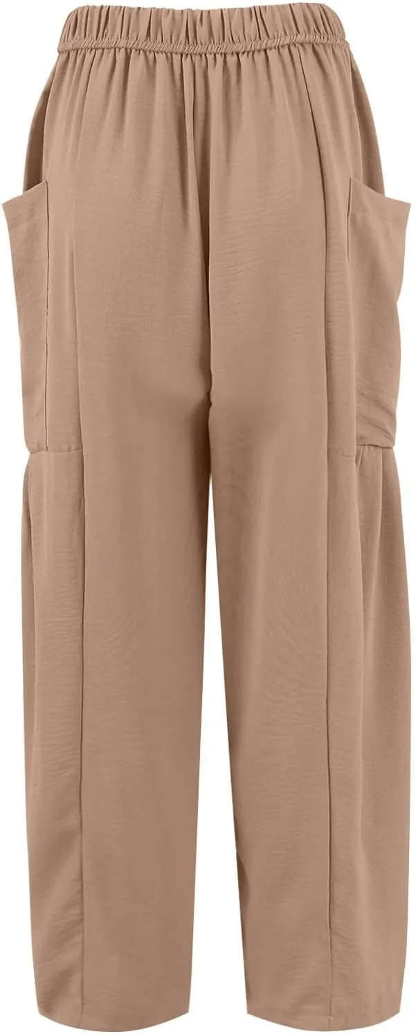 Linen Pants for Women Casual Summer Drawstring High Waisted Wide Leg Pants Loose Fit Multi-Pocket Solid Trousers Baggy