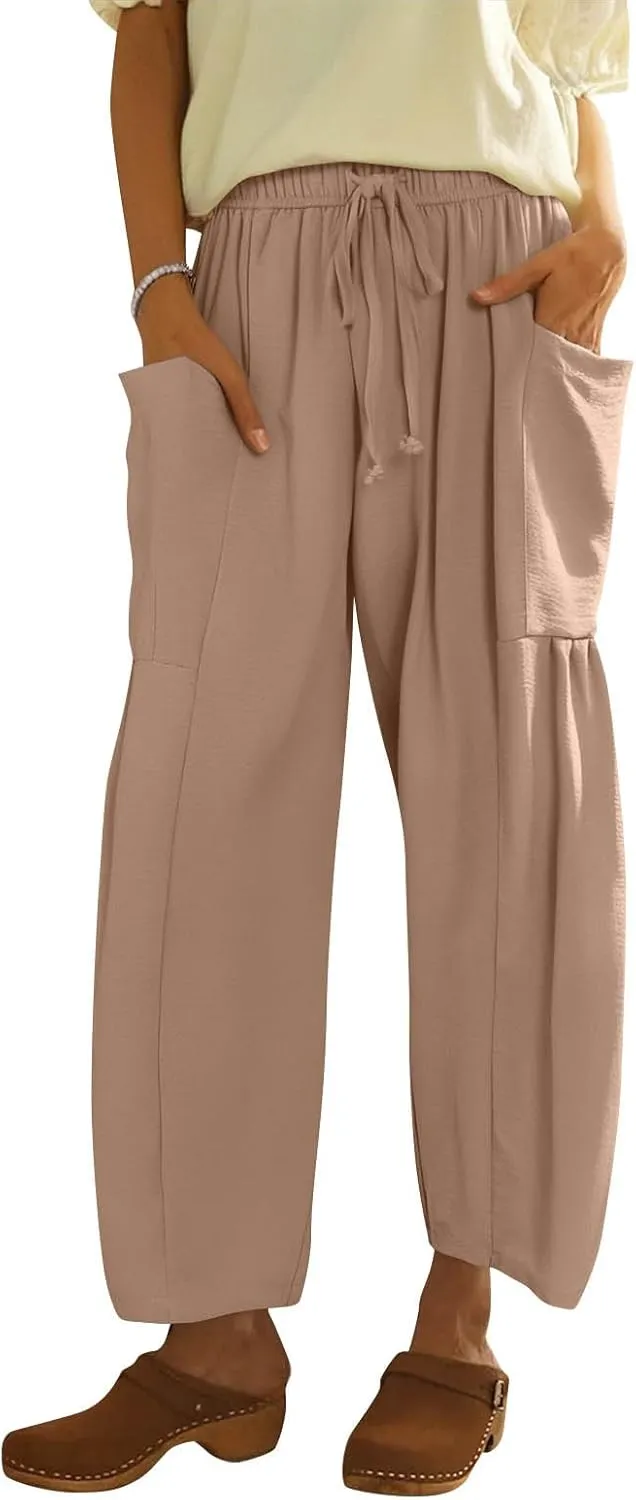 Linen Pants for Women Casual Summer Drawstring High Waisted Wide Leg Pants Loose Fit Multi-Pocket Solid Trousers Baggy
