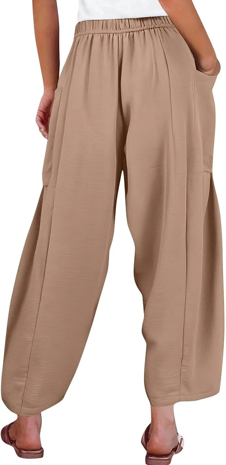 Linen Pants for Women Casual Summer Drawstring High Waisted Wide Leg Pants Loose Fit Multi-Pocket Solid Trousers Baggy