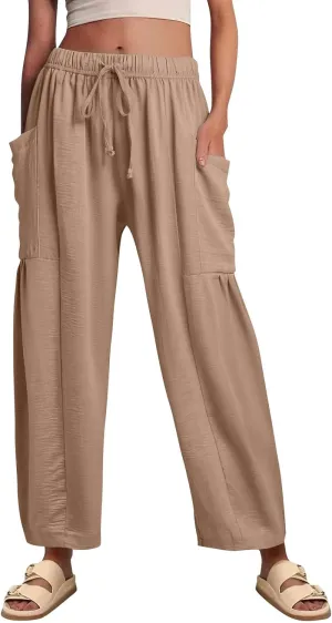 Linen Pants for Women Casual Summer Drawstring High Waisted Wide Leg Pants Loose Fit Multi-Pocket Solid Trousers Baggy