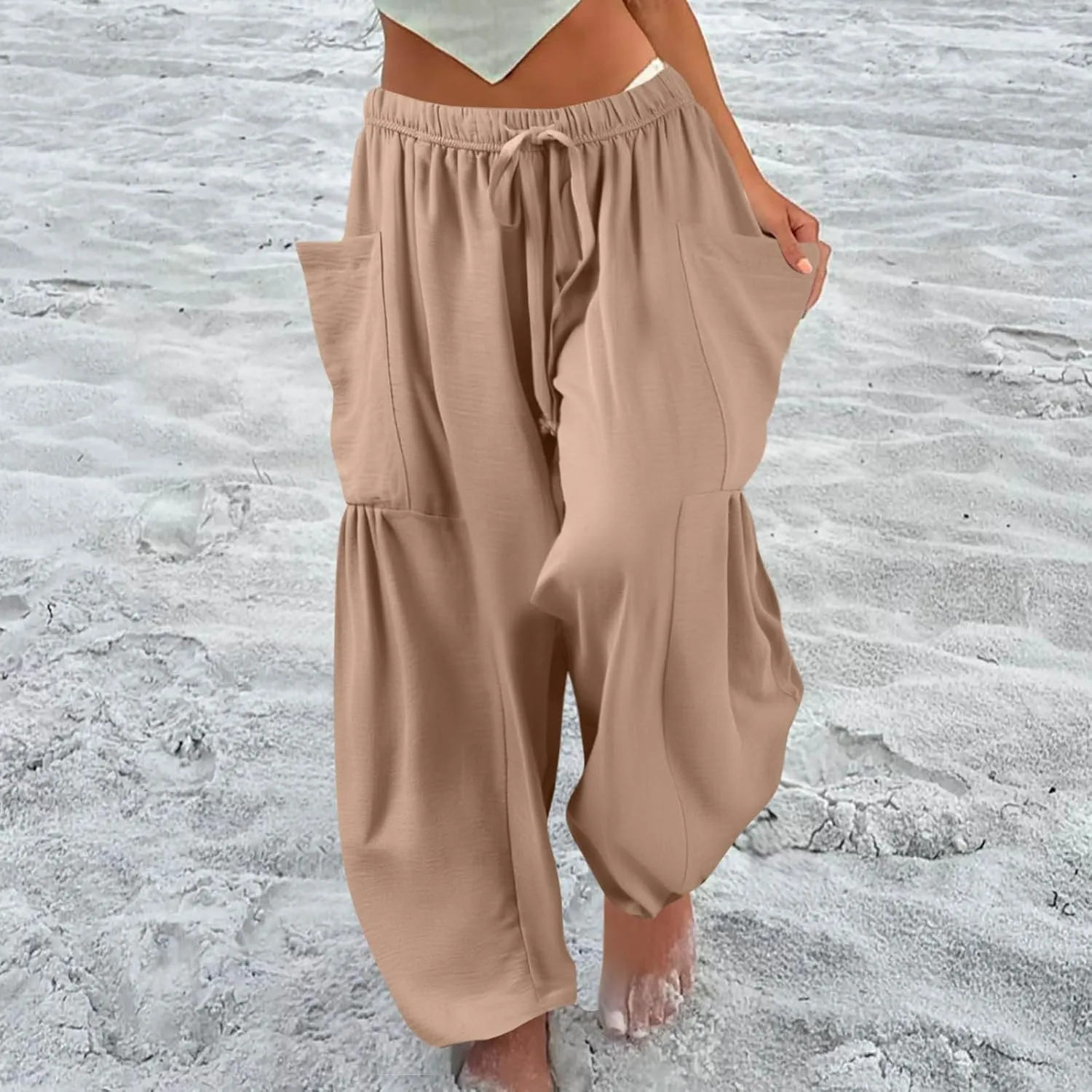 Linen Pants for Women Casual Summer Drawstring High Waisted Wide Leg Pants Loose Fit Multi-Pocket Solid Trousers Baggy