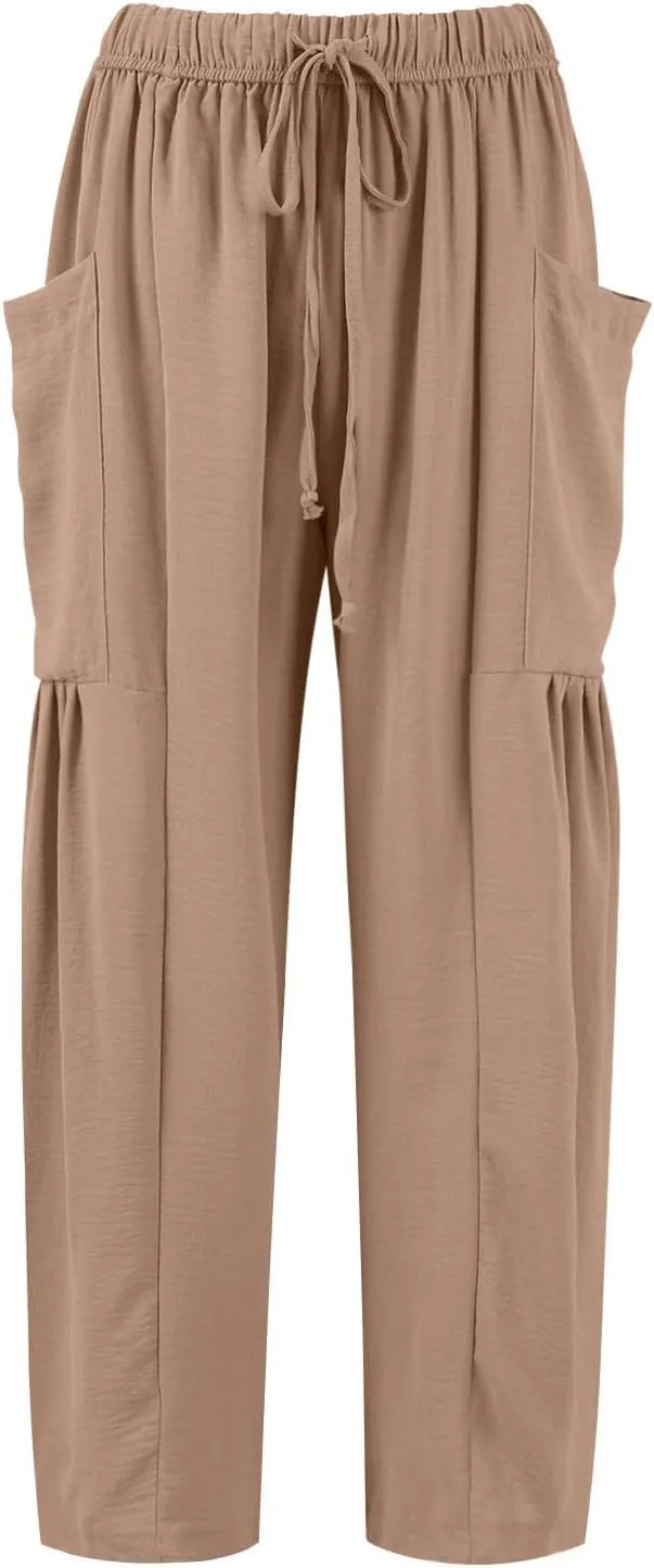 Linen Pants for Women Casual Summer Drawstring High Waisted Wide Leg Pants Loose Fit Multi-Pocket Solid Trousers Baggy