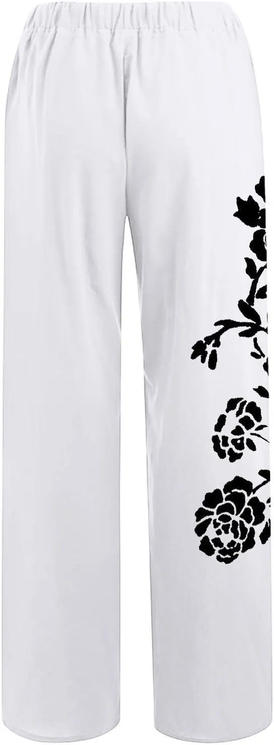 Linen Pants for Women Drawstring Straight Leg Work Dress Pants Casual Slacks Business Trousers with Pockets