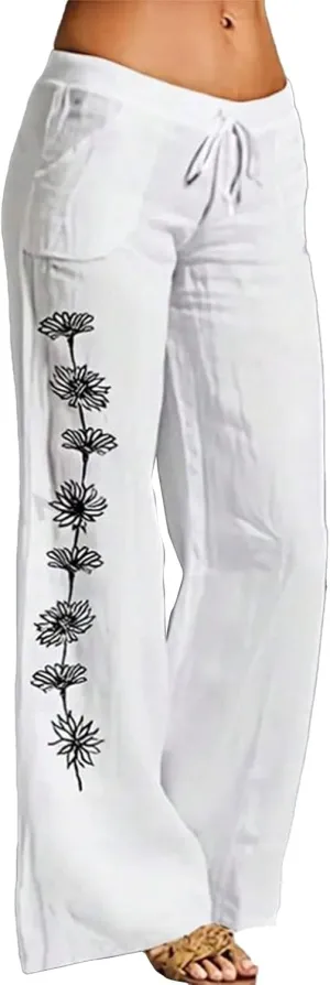 Linen Pants for Women Drawstring Straight Leg Work Dress Pants Casual Slacks Business Trousers with Pockets
