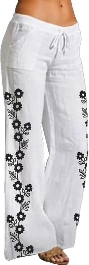Linen Pants for Women Drawstring Straight Leg Work Dress Pants Casual Slacks Business Trousers with Pockets