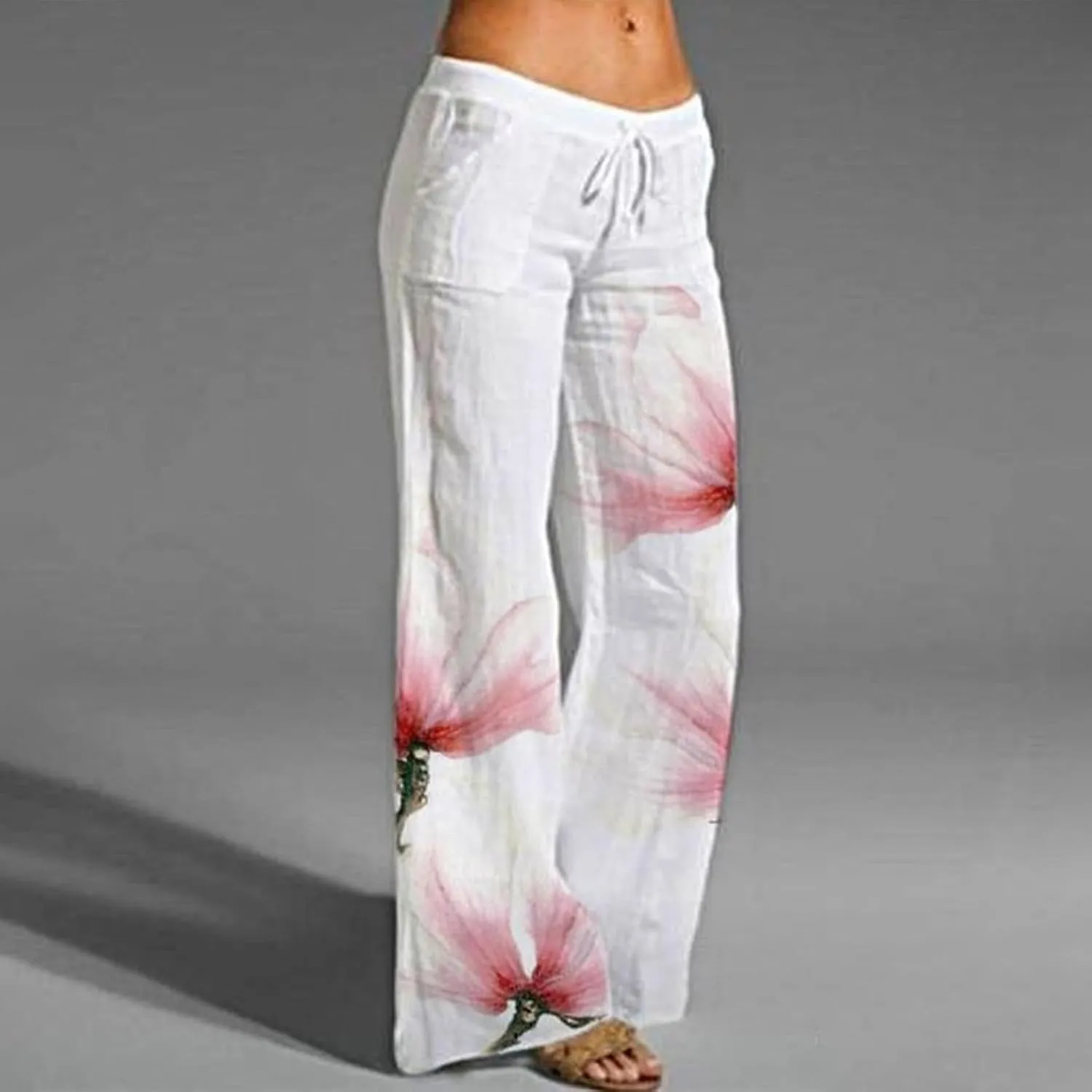 Linen Pants for Women Drawstring Straight Leg Work Dress Pants Casual Slacks Business Trousers with Pockets