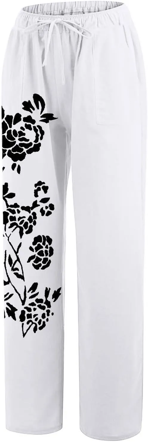 Linen Pants for Women Drawstring Straight Leg Work Dress Pants Casual Slacks Business Trousers with Pockets