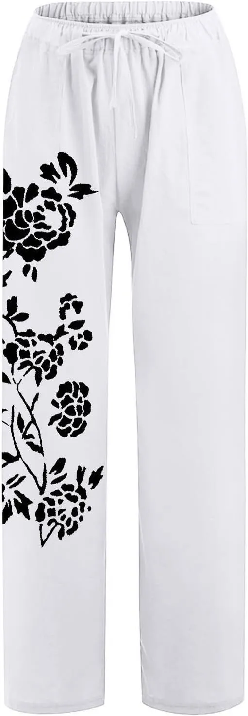 Linen Pants for Women Drawstring Straight Leg Work Dress Pants Casual Slacks Business Trousers with Pockets