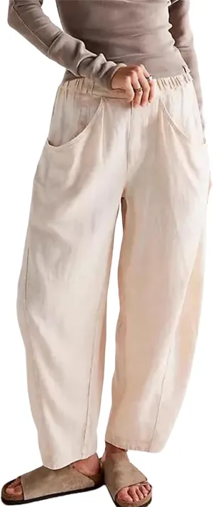 Linen Pants for Women Loose Fit Summer Elastic High Waisted Lounge Trousers Casual Comfy Solid Fashion Pants Pockets