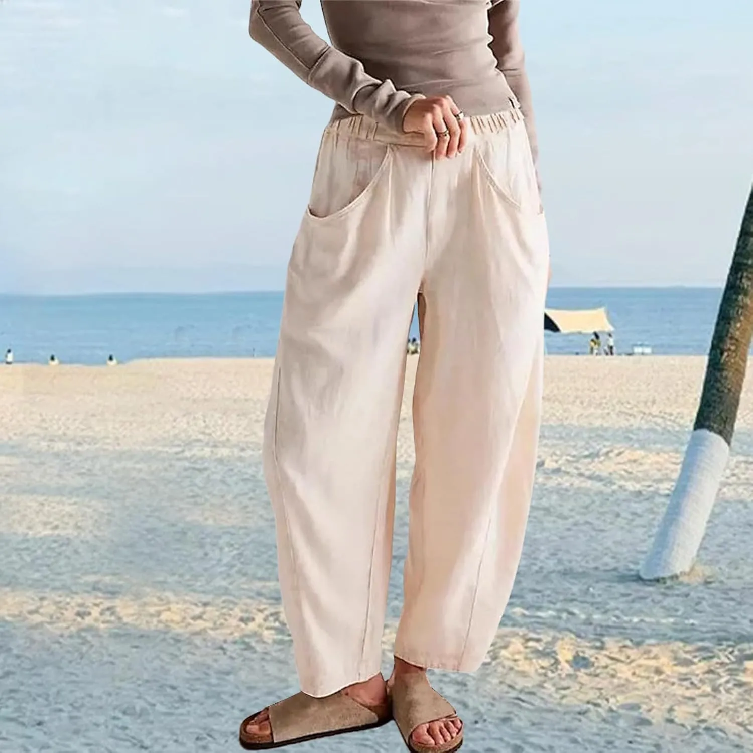 Linen Pants for Women Loose Fit Summer Elastic High Waisted Lounge Trousers Casual Comfy Solid Fashion Pants Pockets