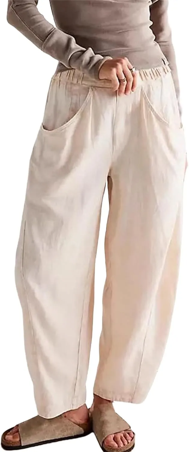 Linen Pants for Women Loose Fit Summer Elastic High Waisted Lounge Trousers Casual Comfy Solid Fashion Pants Pockets