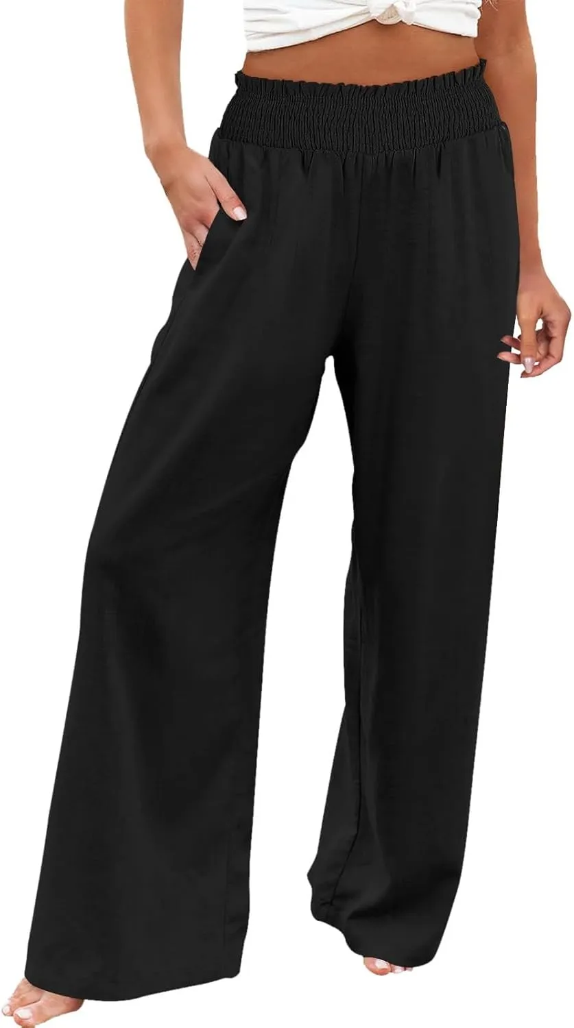 Linen Pants for Women Loose Pants Comfy Cropped Work Pants with Pockets Elastic High Waist Paper Bag with Side