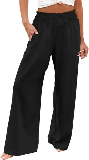 Linen Pants for Women Loose Pants Comfy Cropped Work Pants with Pockets Elastic High Waist Paper Bag with Side