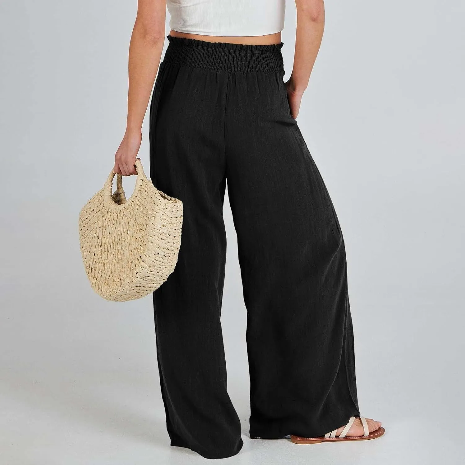 Linen Pants for Women Loose Pants Comfy Cropped Work Pants with Pockets Elastic High Waist Paper Bag with Side