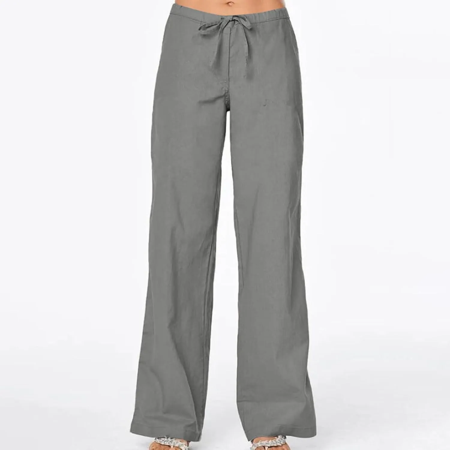 Linen Pants for Women Summer Lightweight Lounge Wide Leg Trousers Drawstring Low Waisted Palazzo Pants with Pockets