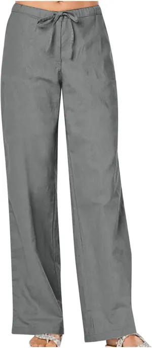 Linen Pants for Women Summer Lightweight Lounge Wide Leg Trousers Drawstring Low Waisted Palazzo Pants with Pockets