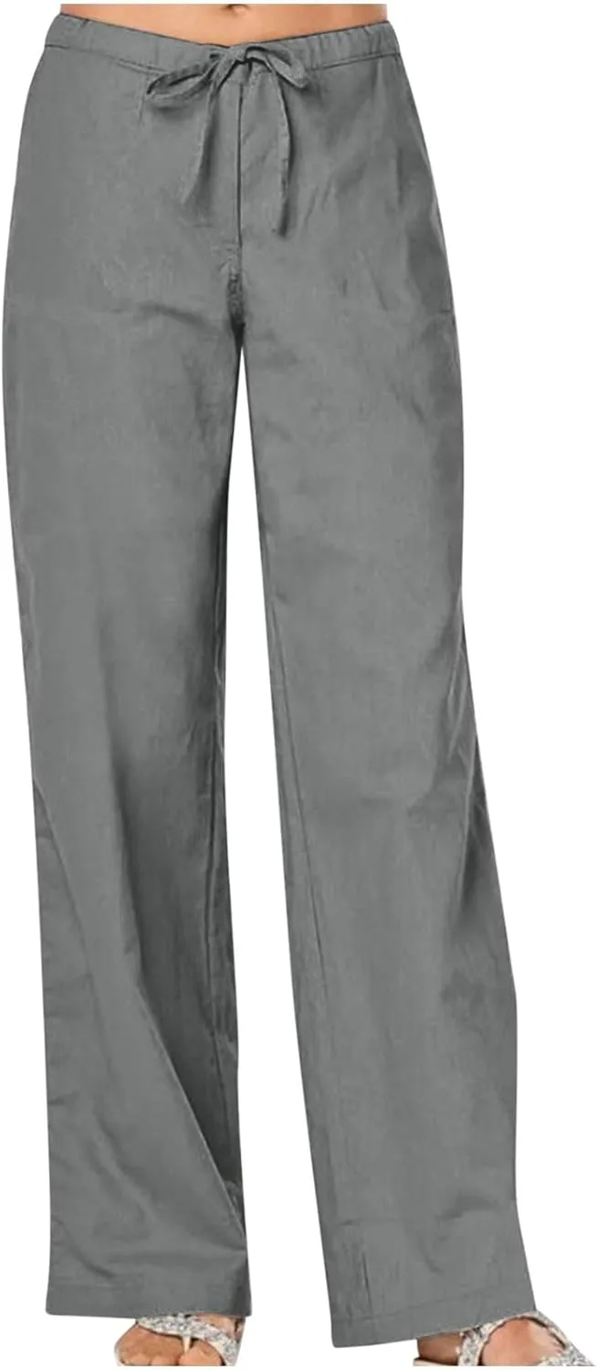 Linen Pants for Women Summer Lightweight Lounge Wide Leg Trousers Drawstring Low Waisted Palazzo Pants with Pockets