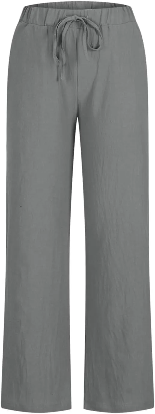 Linen Pants for Women Summer Lightweight Lounge Wide Leg Trousers Drawstring Low Waisted Palazzo Pants with Pockets