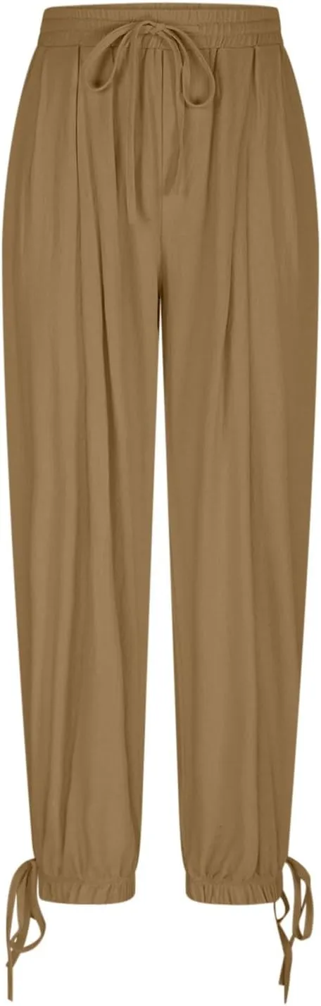 Linen Pants for Women Trendy Summer Bloomers Cinch Bottom Cropped Pant Casual Drawstring Waist Trouser wit Pockets