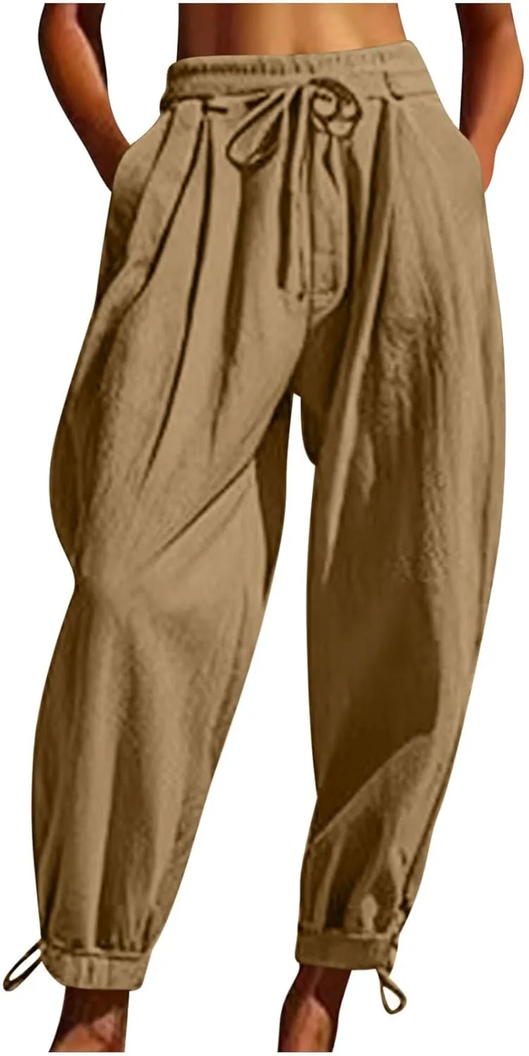 Linen Pants for Women Trendy Summer Bloomers Cinch Bottom Cropped Pant Casual Drawstring Waist Trouser wit Pockets