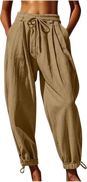 Linen Pants for Women Trendy Summer Bloomers Cinch Bottom Cropped Pant Casual Drawstring Waist Trouser wit Pockets