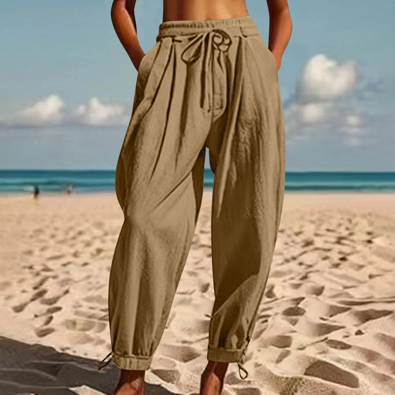 Linen Pants for Women Trendy Summer Bloomers Cinch Bottom Cropped Pant Casual Drawstring Waist Trouser wit Pockets