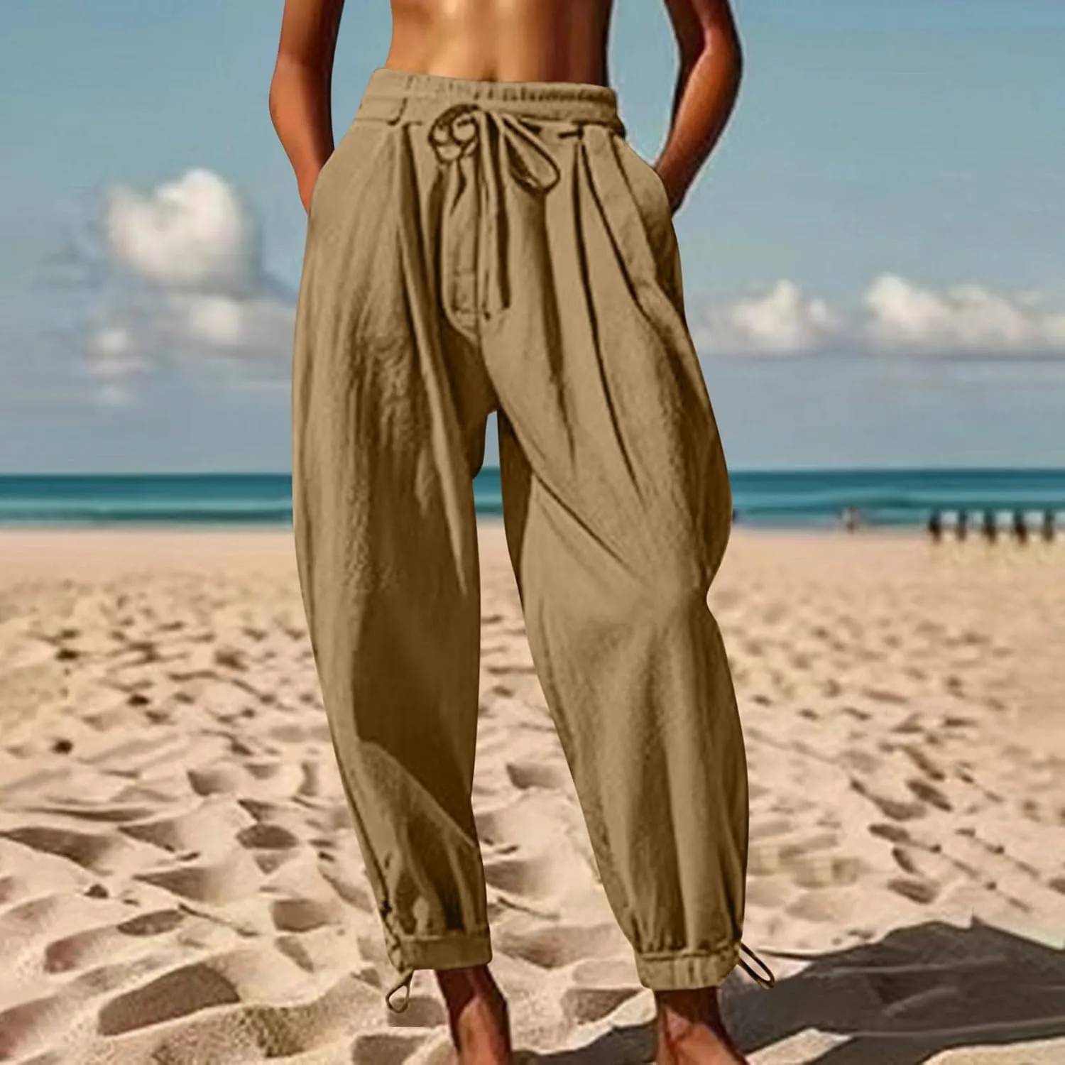 Linen Pants for Women Trendy Summer Bloomers Cinch Bottom Cropped Pant Casual Drawstring Waist Trouser wit Pockets