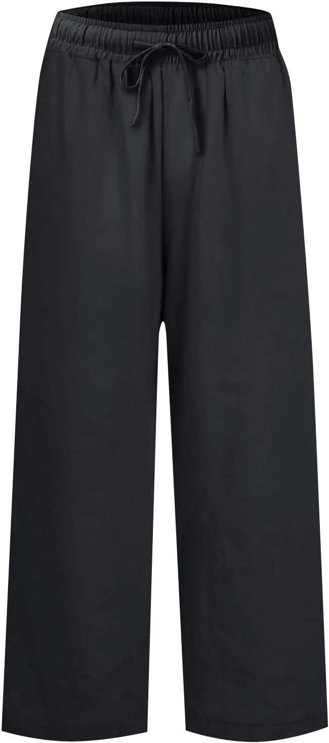 Linen Pants for Women Trendy Summer Elastic High Waisted Palazzo Pants Dressy Casual with Pockets Solid Clothes Baggy