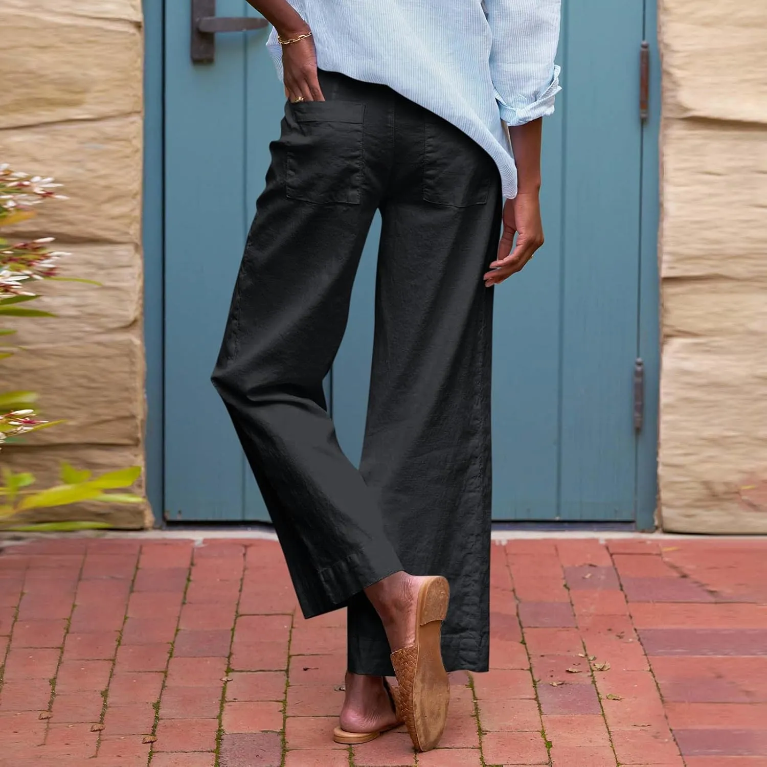 Linen Pants for Women Trendy Summer Elastic High Waisted Palazzo Pants Dressy Casual with Pockets Solid Clothes Baggy