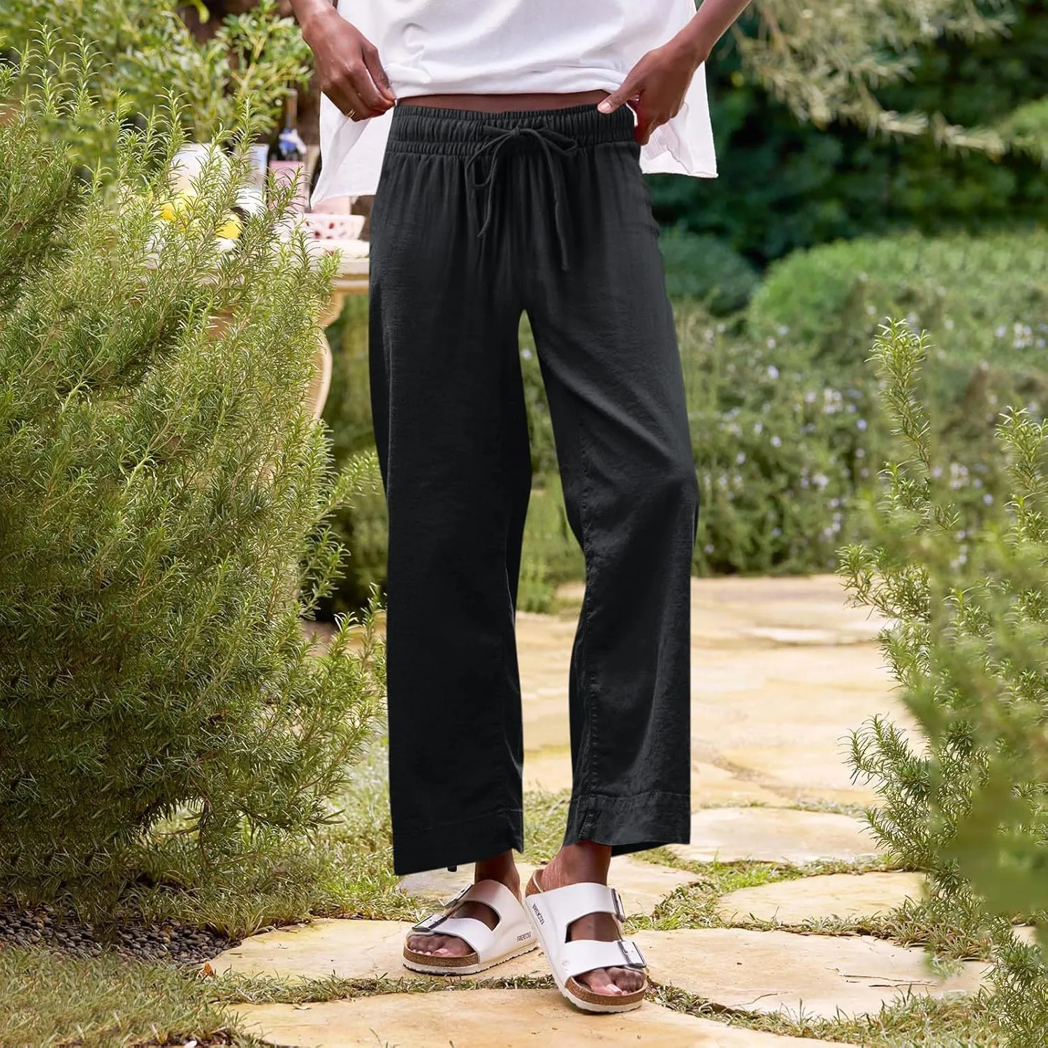 Linen Pants for Women Trendy Summer Elastic High Waisted Palazzo Pants Dressy Casual with Pockets Solid Clothes Baggy