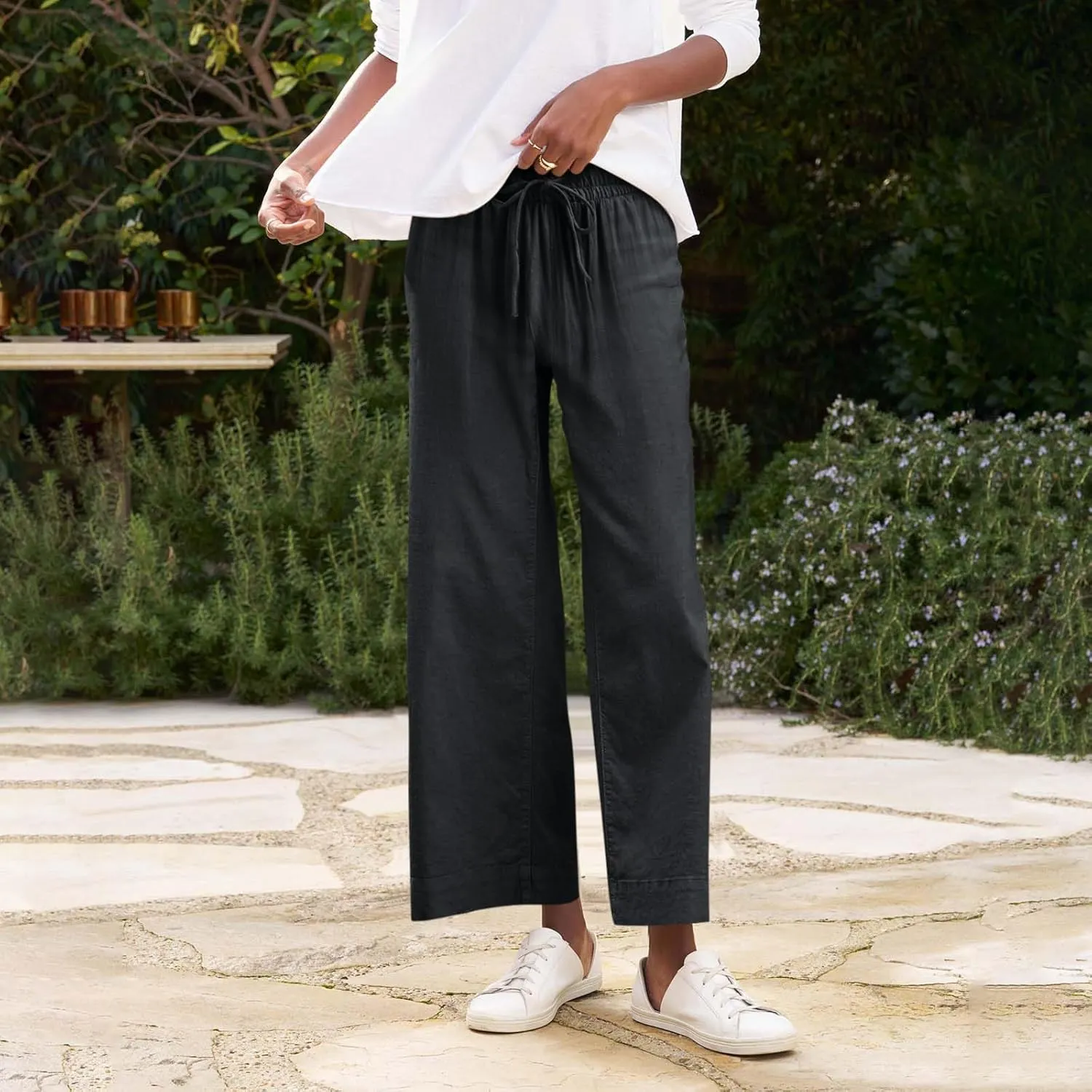 Linen Pants for Women Trendy Summer Elastic High Waisted Palazzo Pants Dressy Casual with Pockets Solid Clothes Baggy