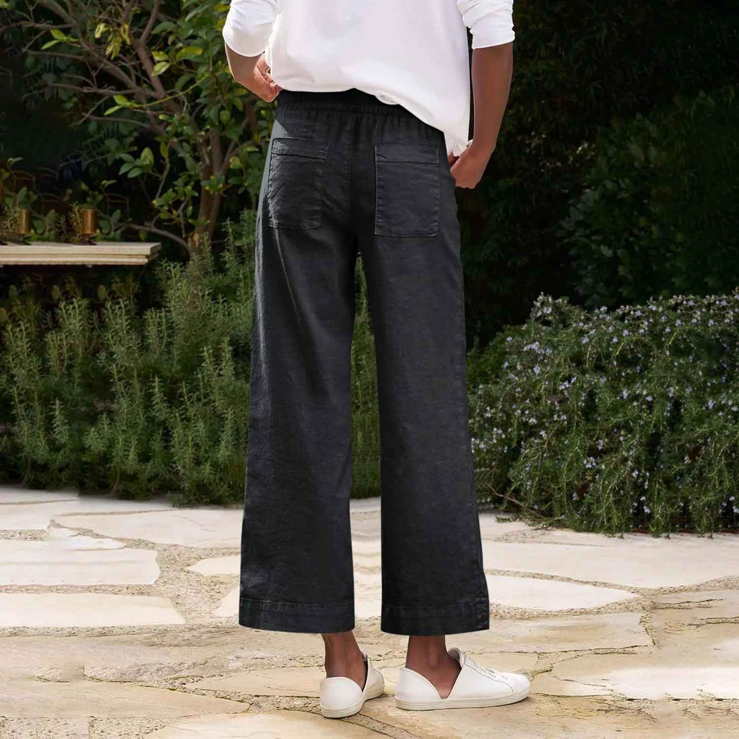 Linen Pants for Women Trendy Summer Elastic High Waisted Palazzo Pants Dressy Casual with Pockets Solid Clothes Baggy