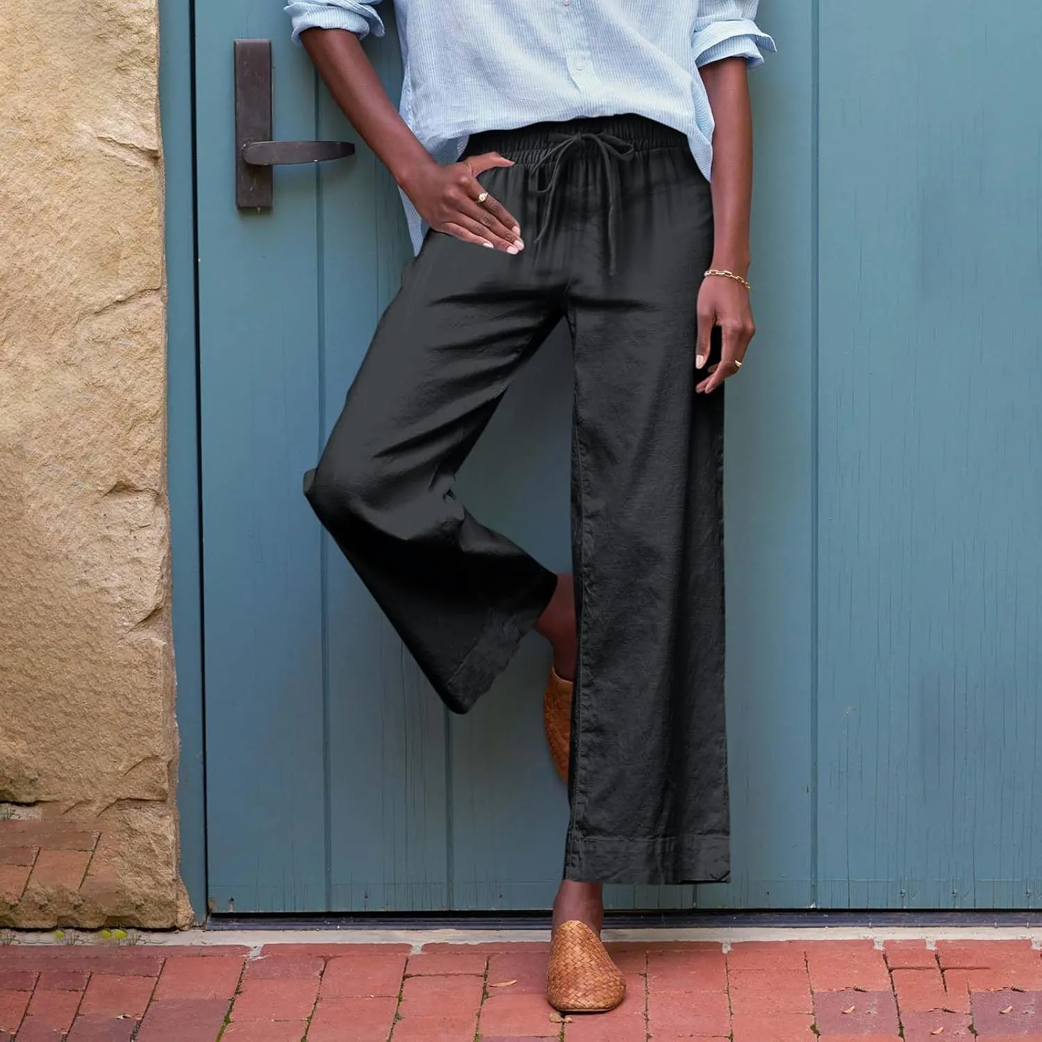 Linen Pants for Women Trendy Summer Elastic High Waisted Palazzo Pants Dressy Casual with Pockets Solid Clothes Baggy