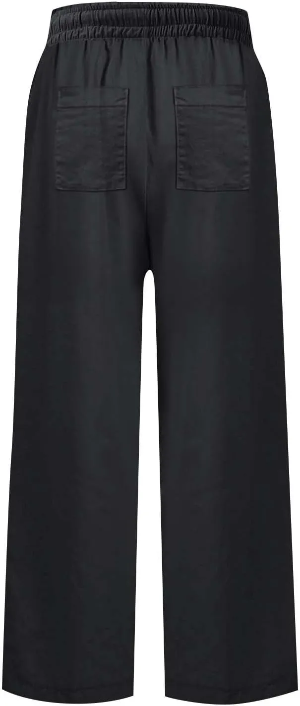 Linen Pants for Women Trendy Summer Elastic High Waisted Palazzo Pants Dressy Casual with Pockets Solid Clothes Baggy
