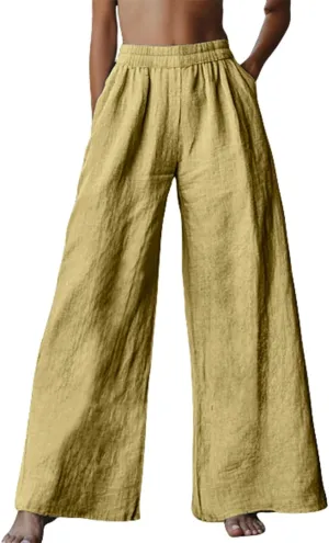 Linen Pants for Womens Elastic Waist Wide Leg Casual Trousers Summer Cool Comfy Loose Fit Pants with Pocket Plus Size