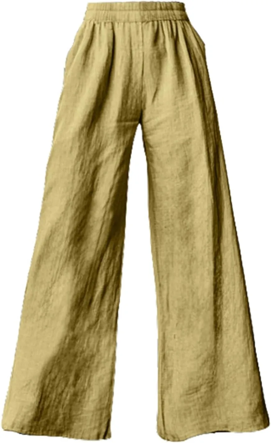 Linen Pants for Womens Elastic Waist Wide Leg Casual Trousers Summer Cool Comfy Loose Fit Pants with Pocket Plus Size
