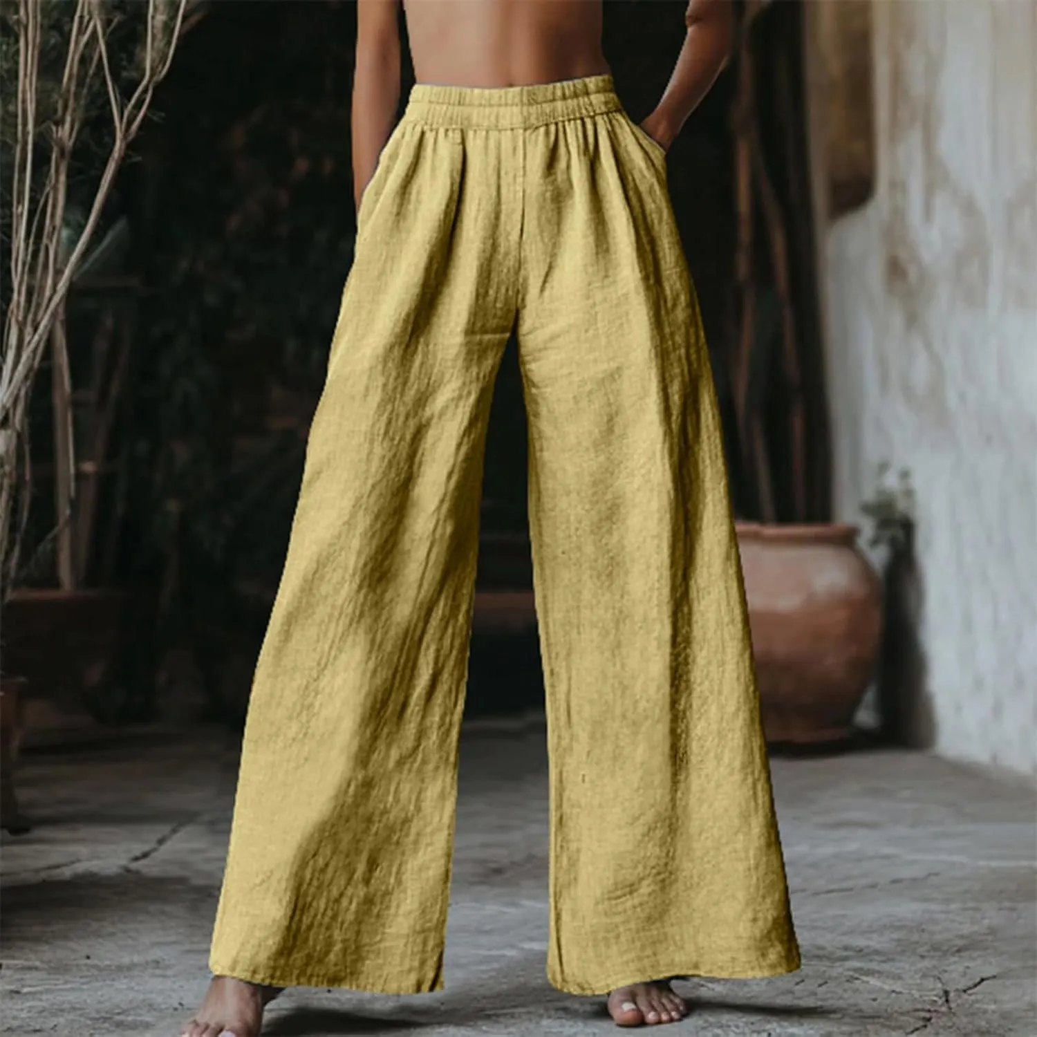 Linen Pants for Womens Elastic Waist Wide Leg Casual Trousers Summer Cool Comfy Loose Fit Pants with Pocket Plus Size