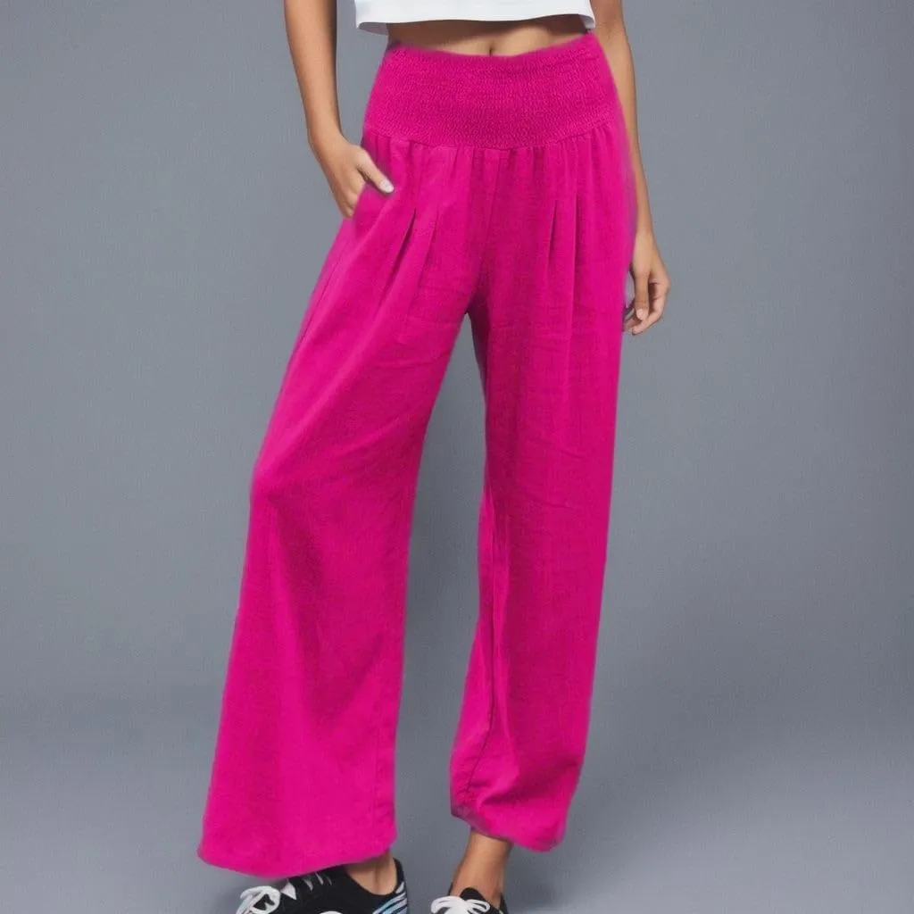 Linen Pants for Womens High Elastic Waist Wide Leg Trousers 2025 Summer Baggy Comfy Hiking Jogger Pants with Pockets