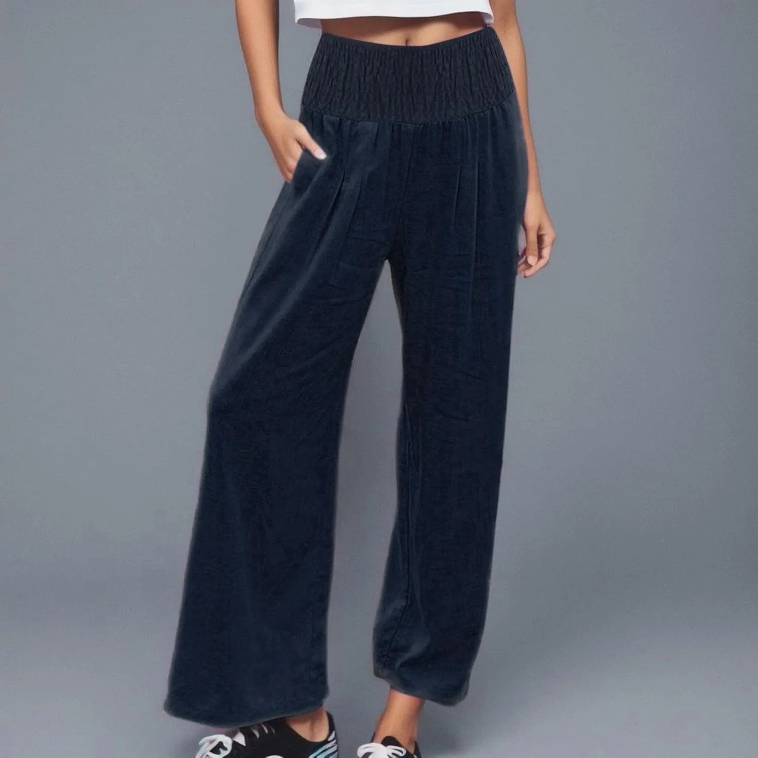 Linen Pants for Womens High Elastic Waist Wide Leg Trousers 2025 Summer Baggy Comfy Hiking Jogger Pants with Pockets