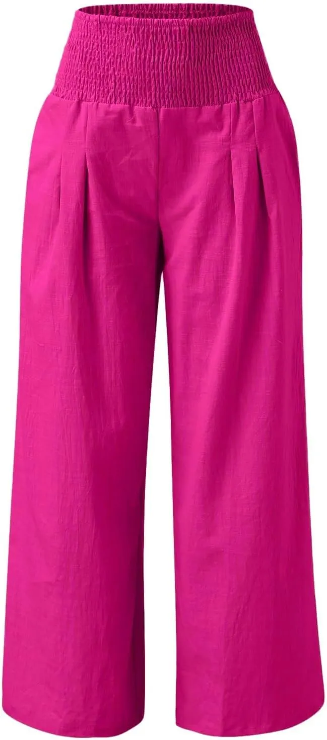 Linen Pants for Womens High Elastic Waist Wide Leg Trousers 2025 Summer Baggy Comfy Hiking Jogger Pants with Pockets