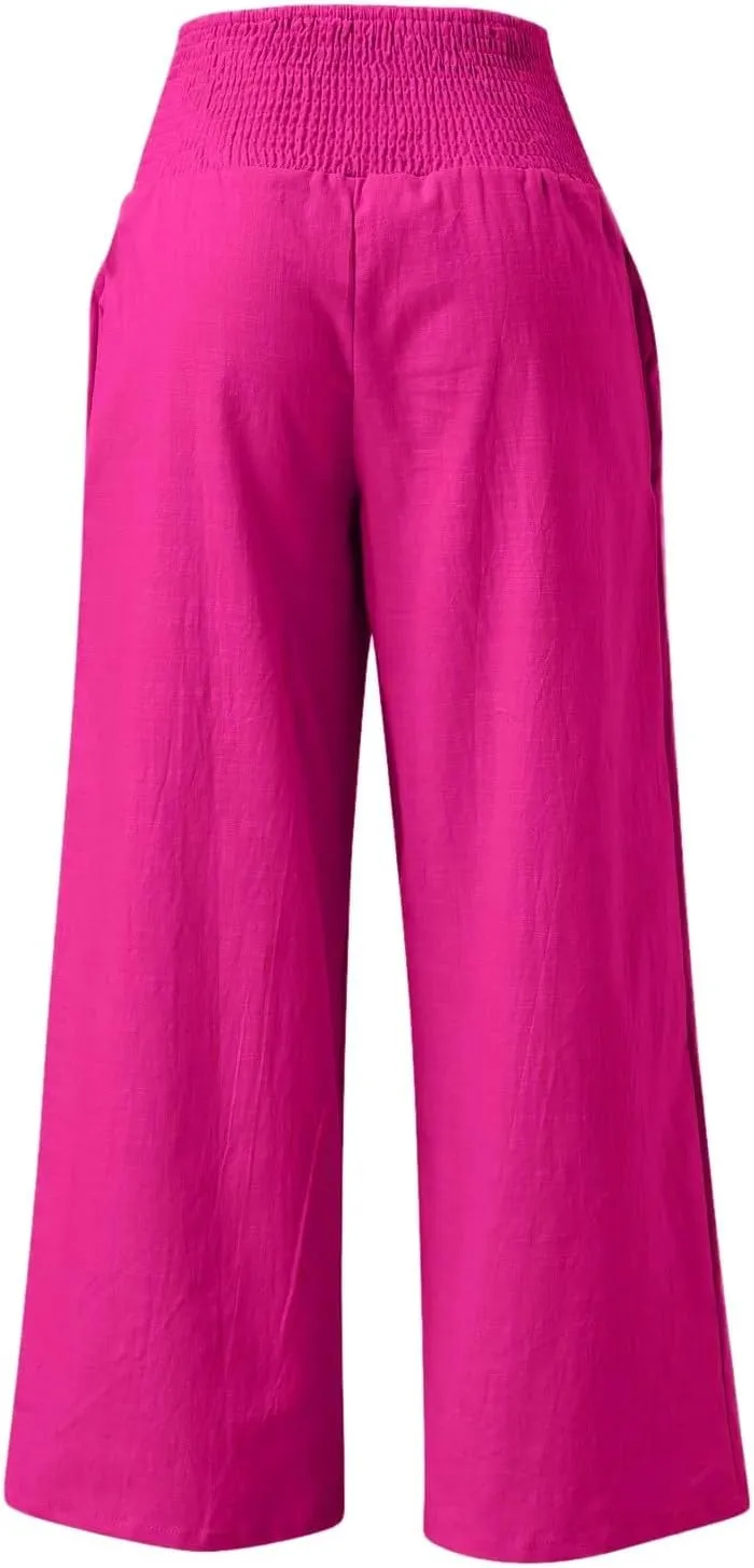 Linen Pants for Womens High Elastic Waist Wide Leg Trousers 2025 Summer Baggy Comfy Hiking Jogger Pants with Pockets