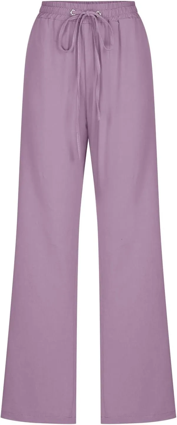Linen Pants Women 2025 Summer Boho Straight Leg Pants Trendy Drawstring Cinch Bottom Trousers with Pockets