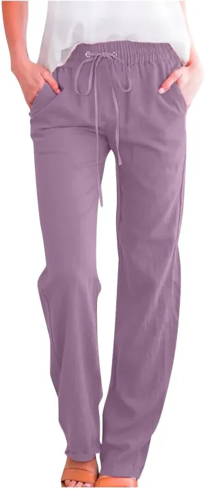 Linen Pants Women 2025 Summer Boho Straight Leg Pants Trendy Drawstring Cinch Bottom Trousers with Pockets
