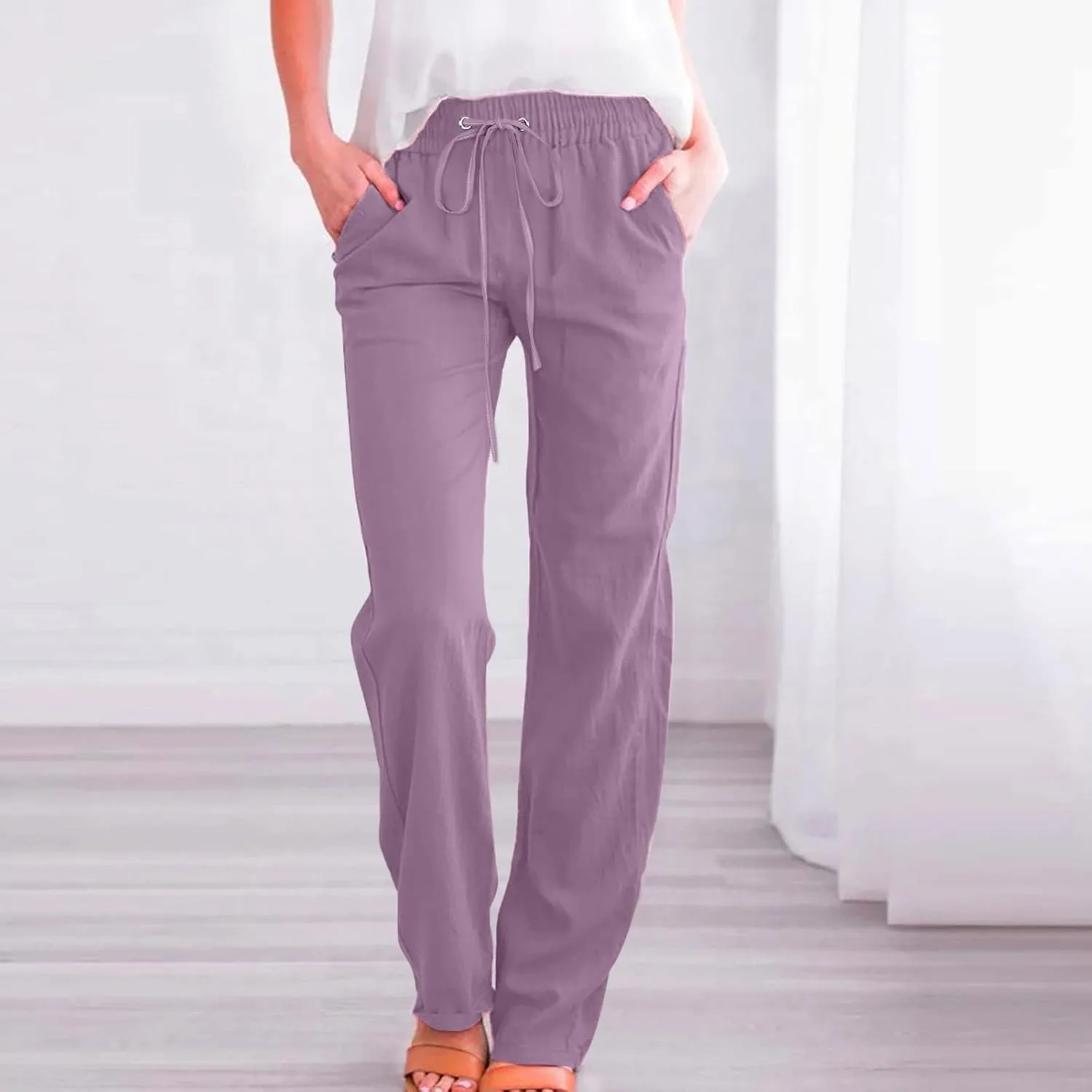 Linen Pants Women 2025 Summer Boho Straight Leg Pants Trendy Drawstring Cinch Bottom Trousers with Pockets