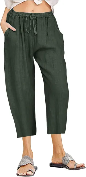 Linen Pants Women Casual Cotton Drawstring Mid Rise Wide Leg Trousers Lightweight Summer Beach Palazzo Capris Pants